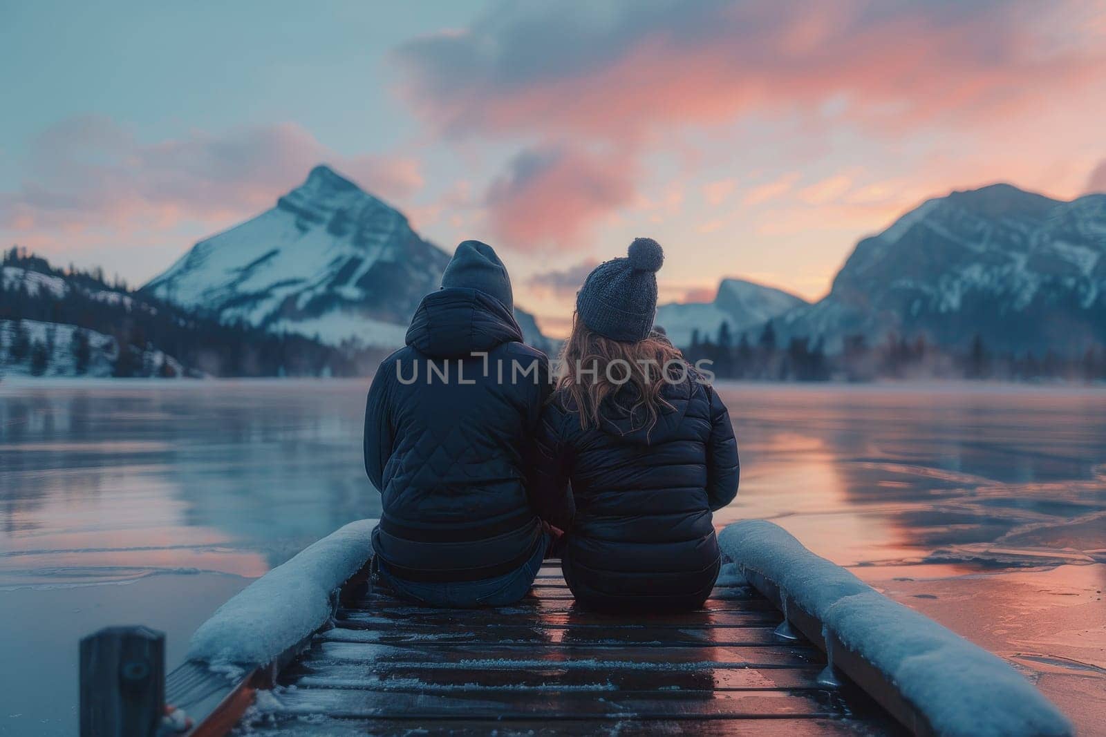 A couple is sitting on a dock overlooking a lake. The man is wearing a black jacket and the woman is wearing a blue jacket. The sky is orange and the mountains in the background are covered in snow