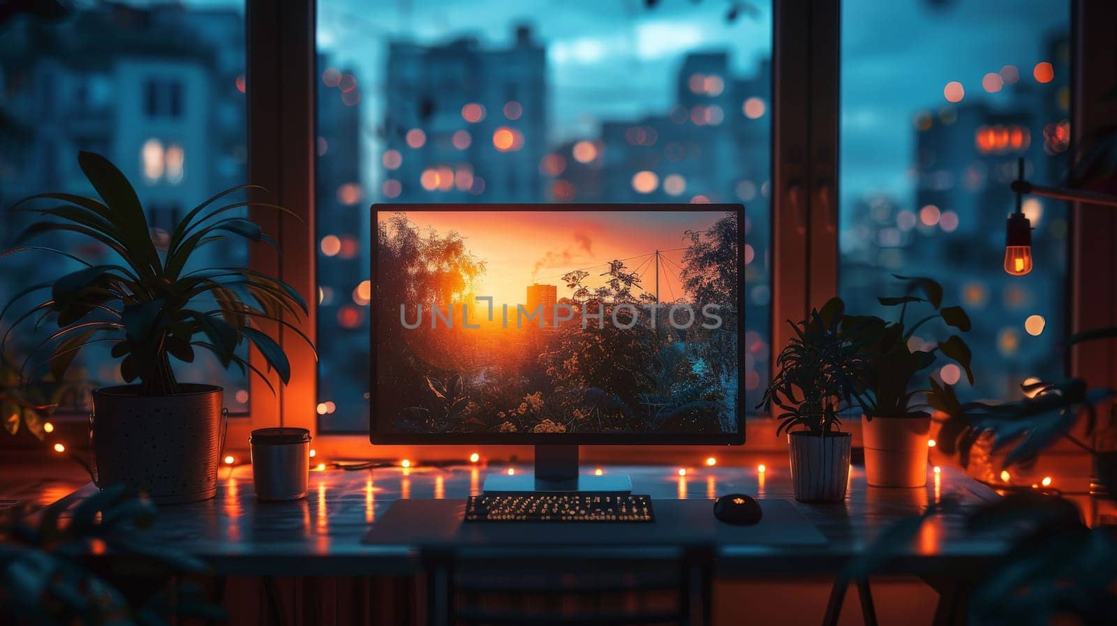 A computer monitor is on a desk with a city view in the background. The city is lit up with a warm glow, creating a cozy and inviting atmosphere. The desk is also adorned with potted plants