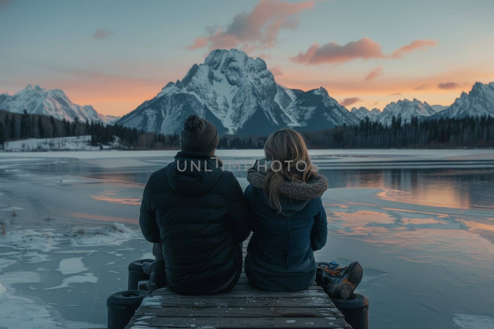 A couple is sitting on a dock overlooking a lake by itchaznong