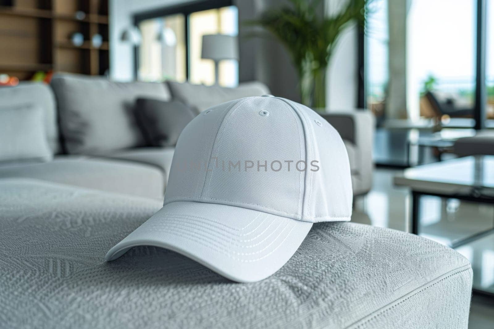 A white hat is sitting on a ledge next to a bush. The hat is placed on a concrete ledge, and the bush is full of purple flowers. The scene is peaceful and serene, with the hat