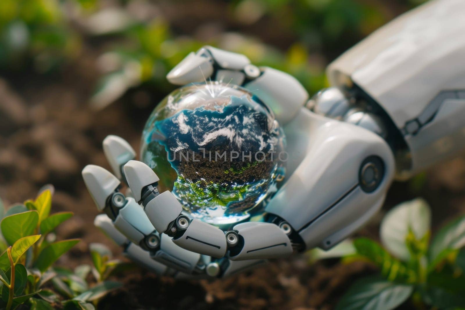Robot hands holding Earth glass green background. Environmental care and global unity with future technology concept by papatonic