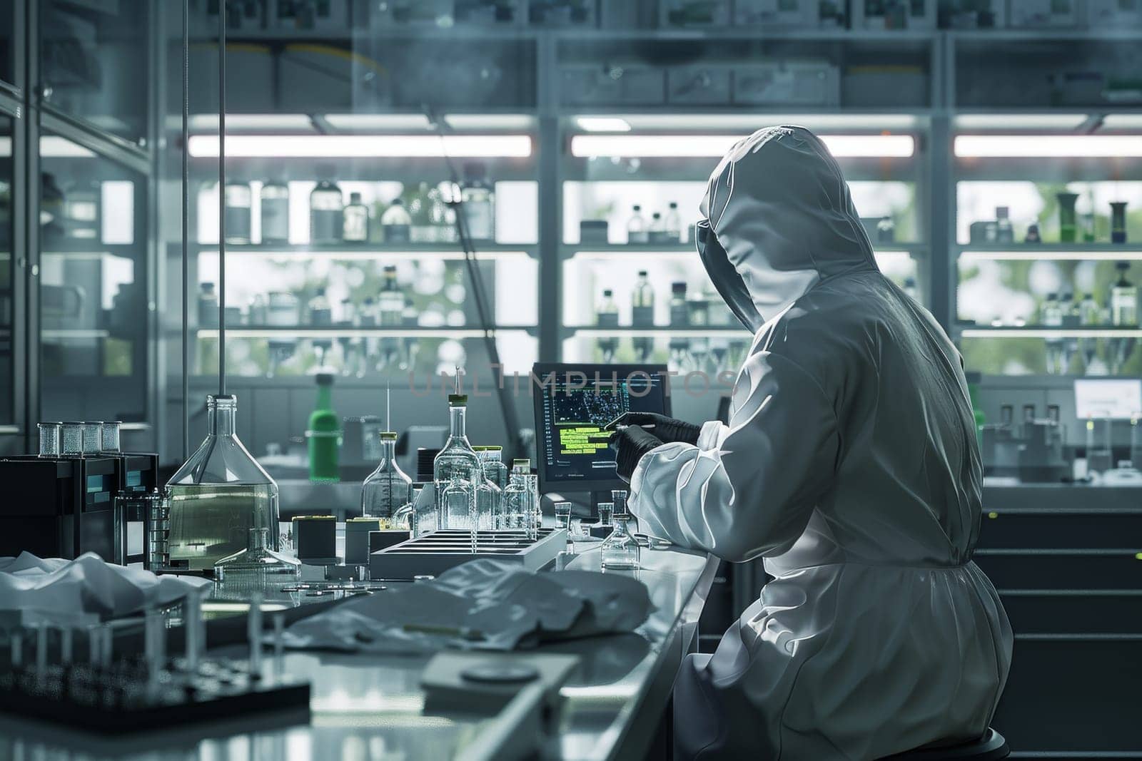 A woman in a white lab coat and a mask is working in a lab. She is wearing gloves and a face mask