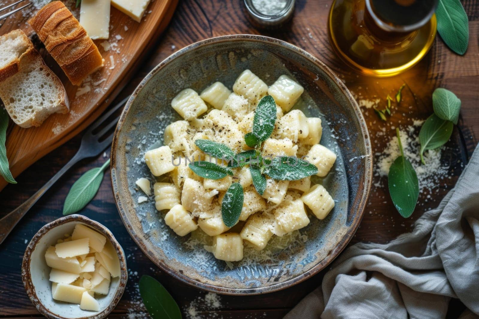 Top rustic view of homemade gnocchi with sage butter and parmesan, on a wooden table with bread.
