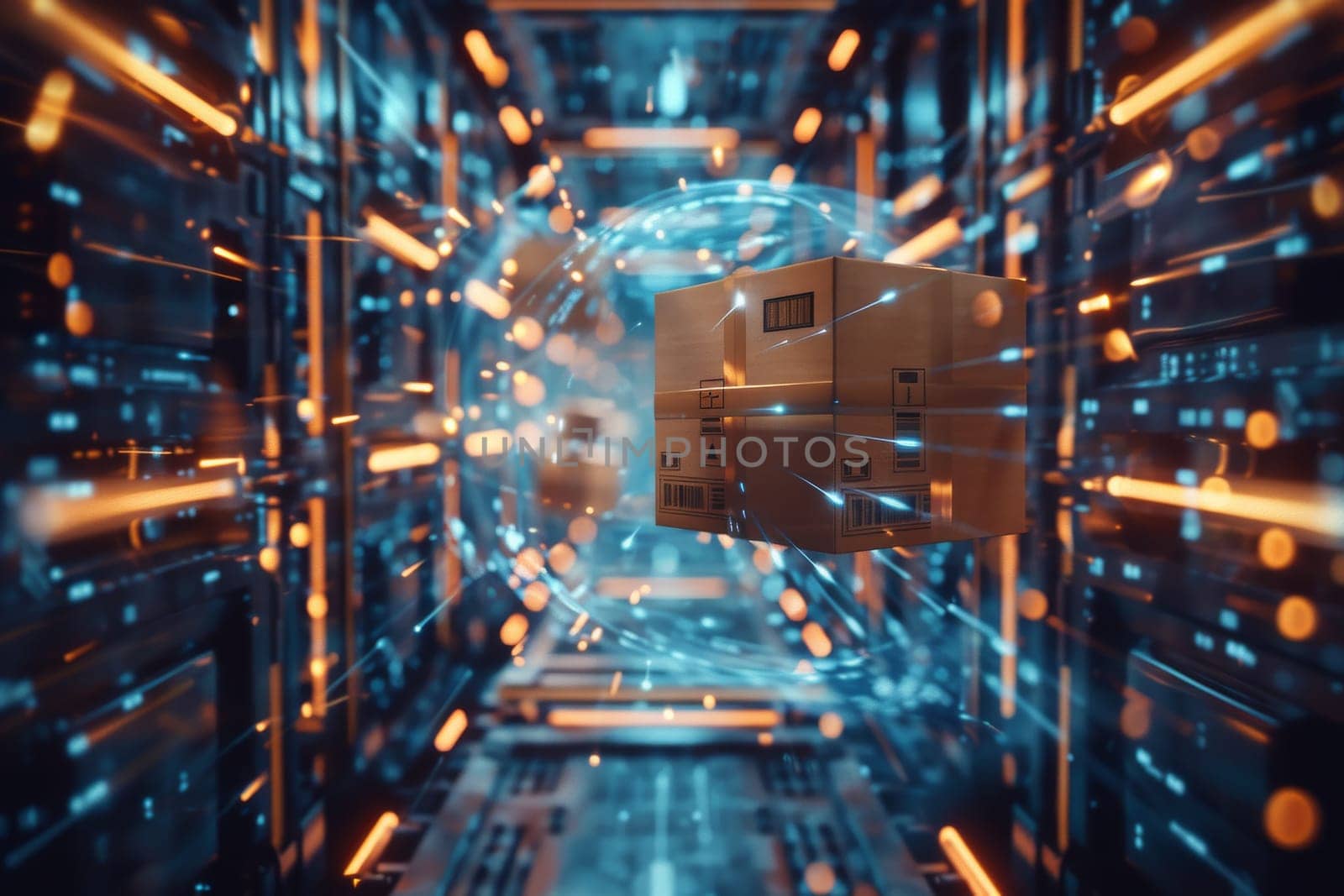 A futuristic scene with boxes moving along a conveyor belt. The boxes are all different sizes and colors, and they appear to be moving at a fast pace. The scene gives off a sense of efficiency