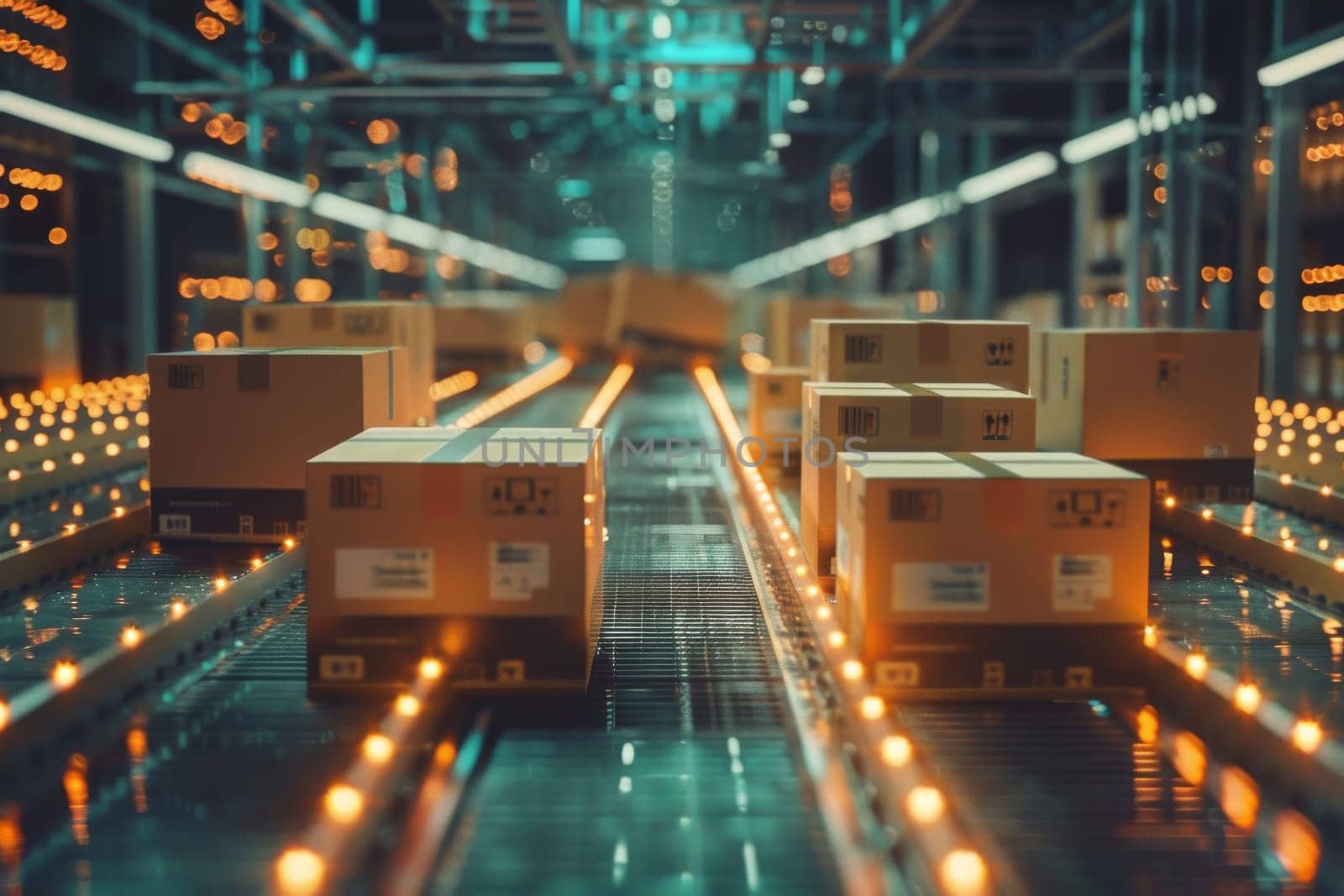 A futuristic scene with boxes moving along a conveyor belt. Logistic concept by itchaznong