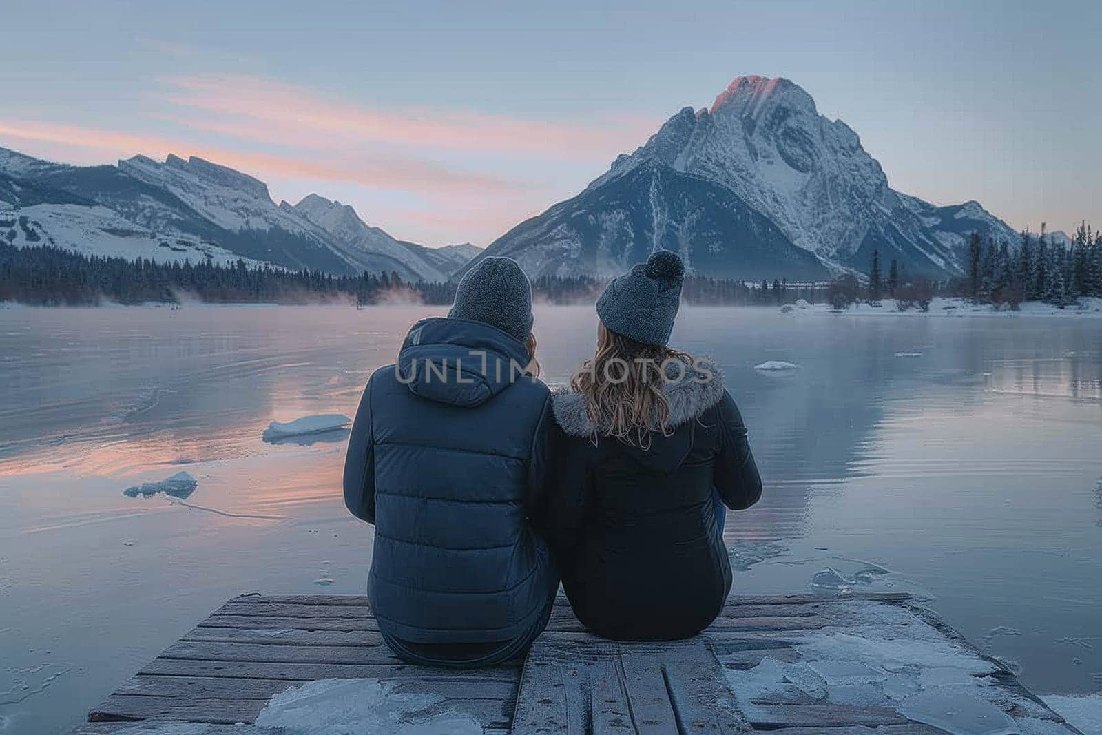 A couple is sitting on a dock overlooking a lake. The man is wearing a black jacket and the woman is wearing a blue jacket. The sky is orange and the mountains in the background are covered in snow