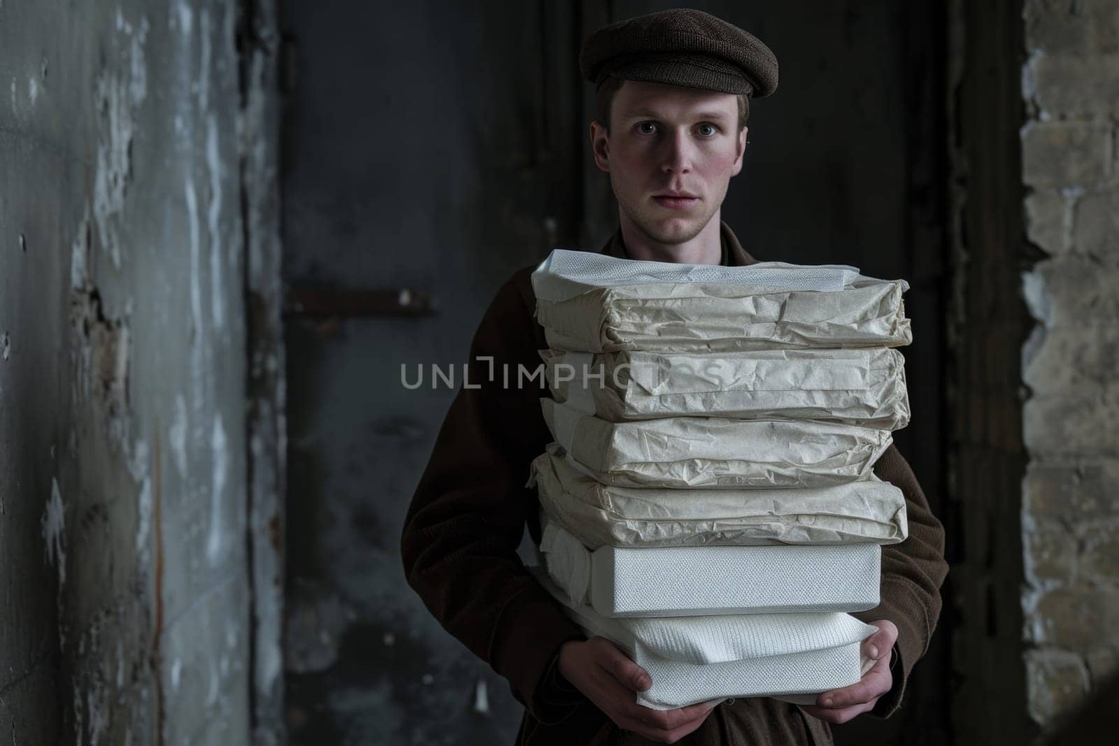 A man in the room with toilet paper in his hands.