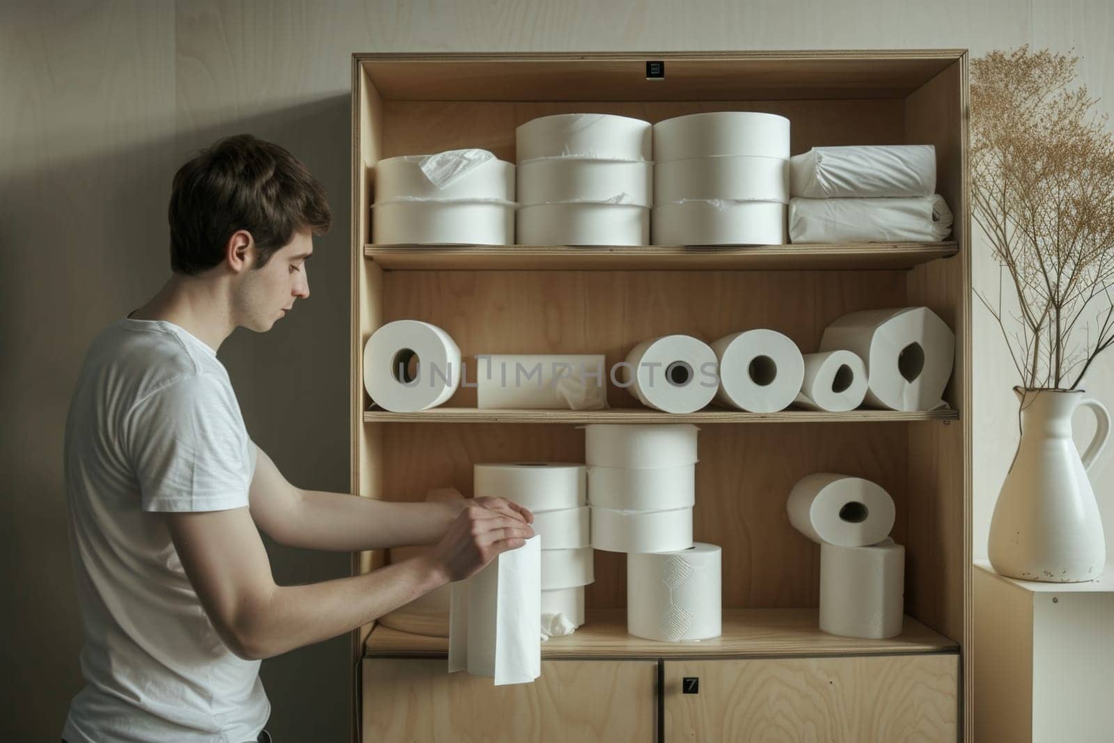 A man near a shelf with toilet paper rolls in the room.