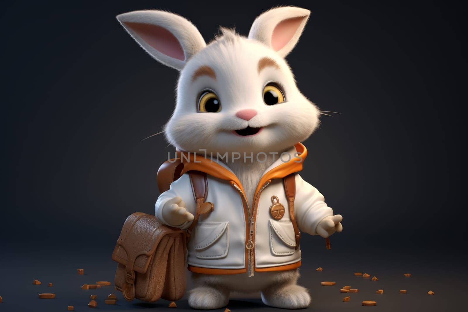 Cute cartoon white rabbit isolated on a black background. 3d illustration.