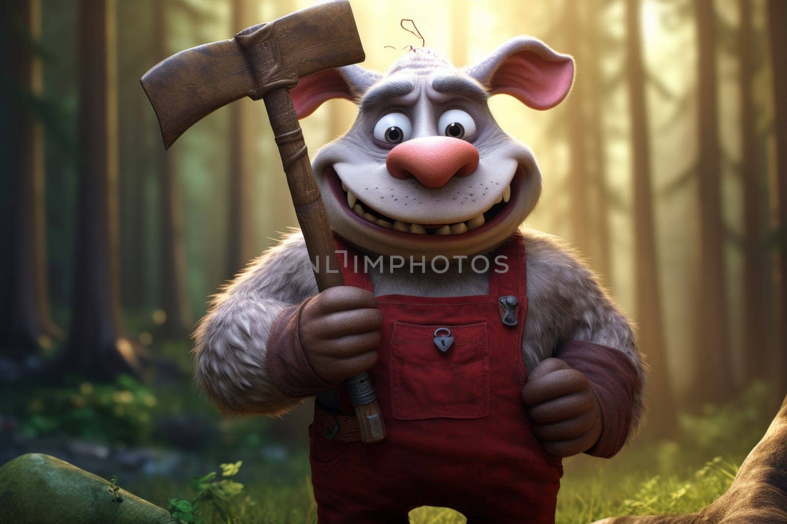 A cartoon character of a lumberjack with an axe in his hands. 3d illustration by Lobachad