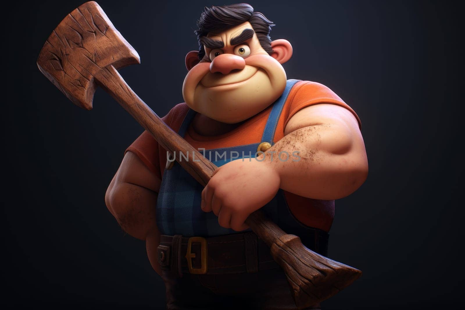 A cartoon character of a lumberjack with an axe in his hands. 3d illustration by Lobachad