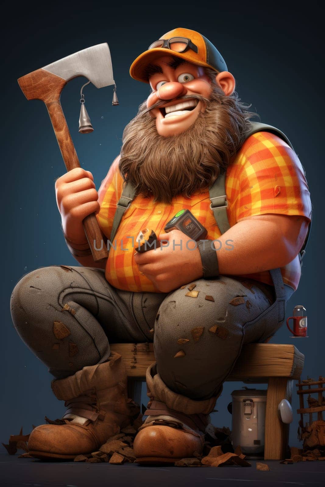 A cartoon character of a lumberjack with an axe in his hands. 3d illustration.
