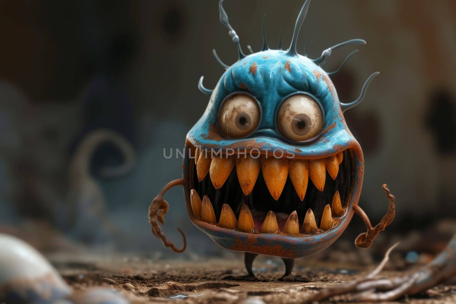 The cartoon toothy character is smiling with all his teeth. 3d illustration.