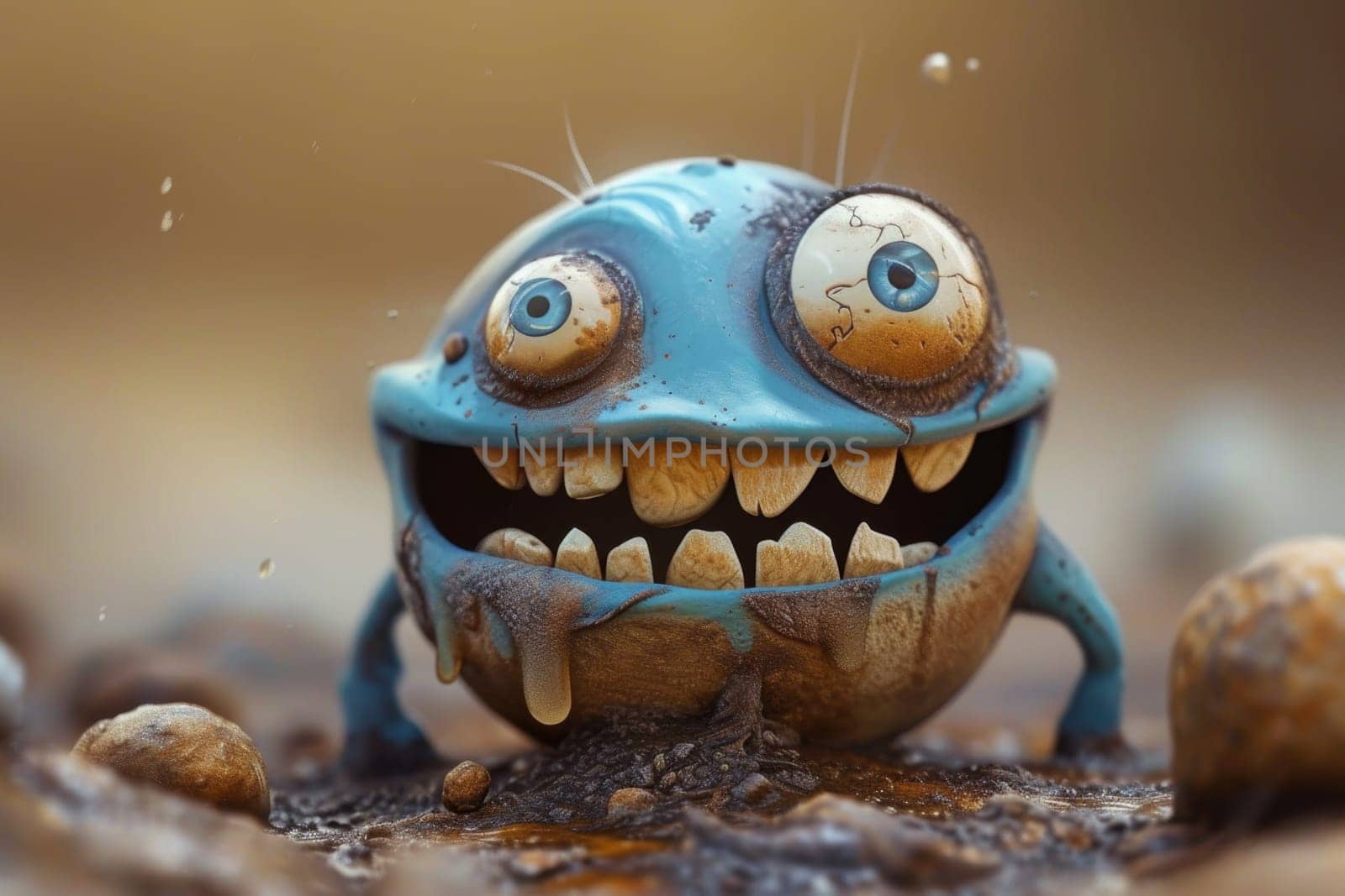 The cartoon toothy character is smiling with all his teeth. 3d illustration.