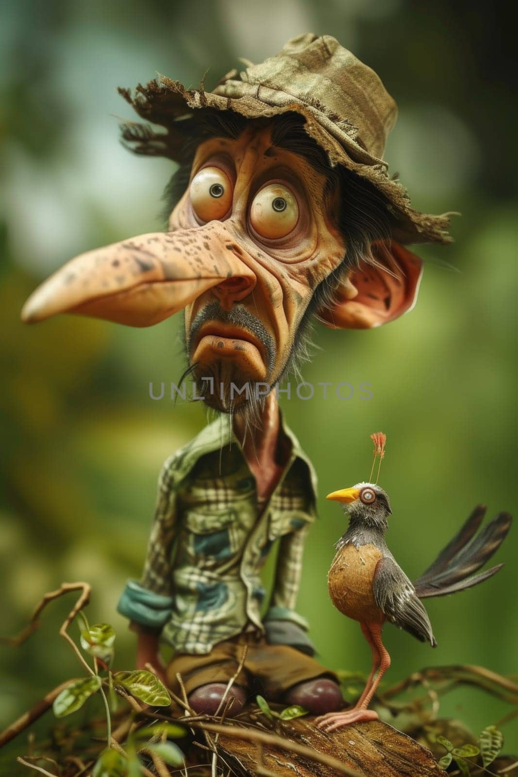 A funny cartoon character of a man in nature. 3d illustration by Lobachad