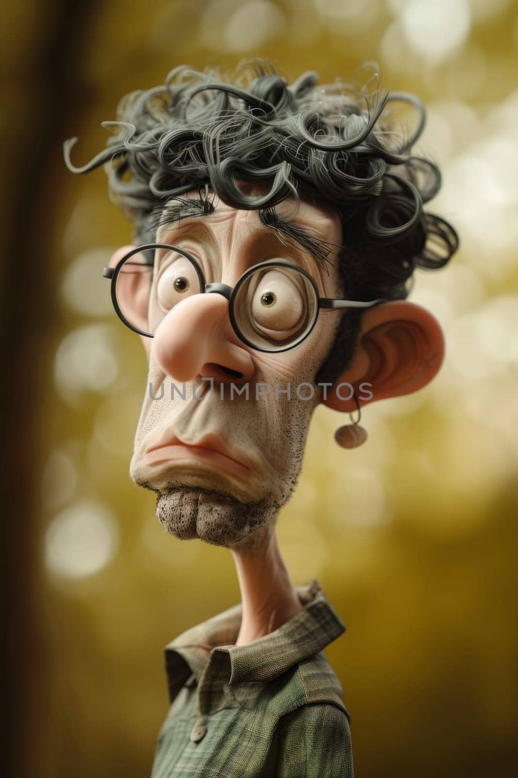 A funny cartoon character of a man in nature. 3d illustration.