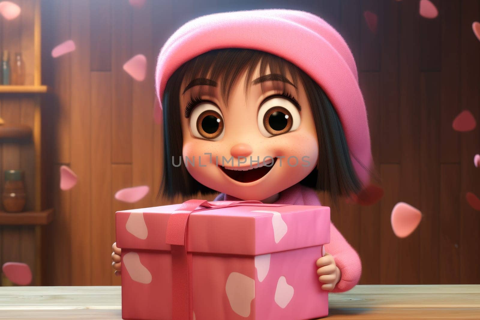 Portrait of a beautiful little girl with a gift box in her hands. 3d illustration.