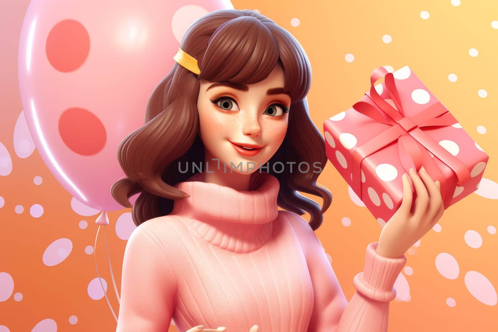 Portrait of a beautiful girl holding a gift box. 3d illustration.