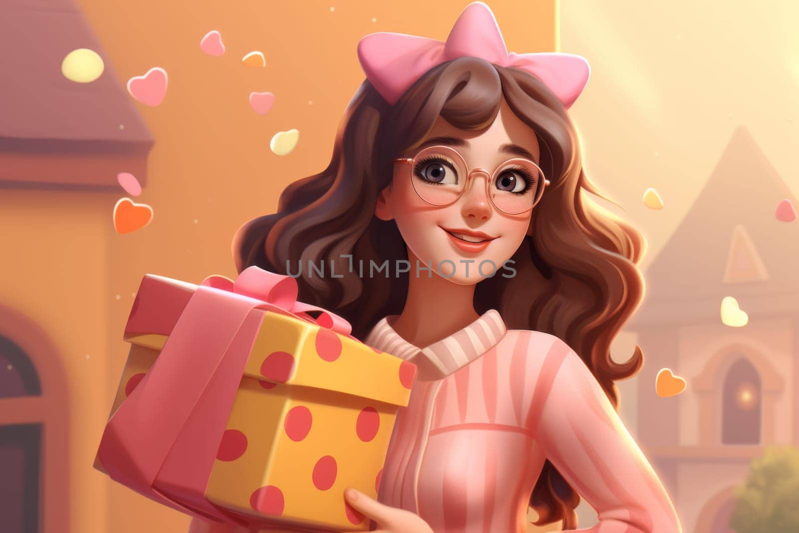 Portrait of a beautiful girl holding a gift box. 3d illustration.