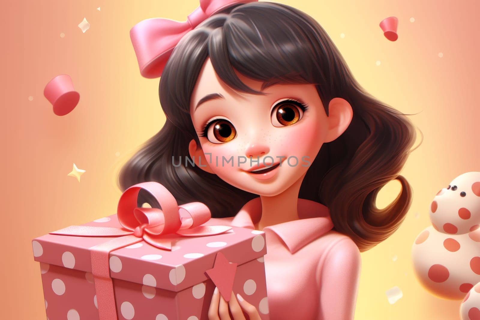 Portrait of a beautiful girl holding a gift box. 3d illustration.