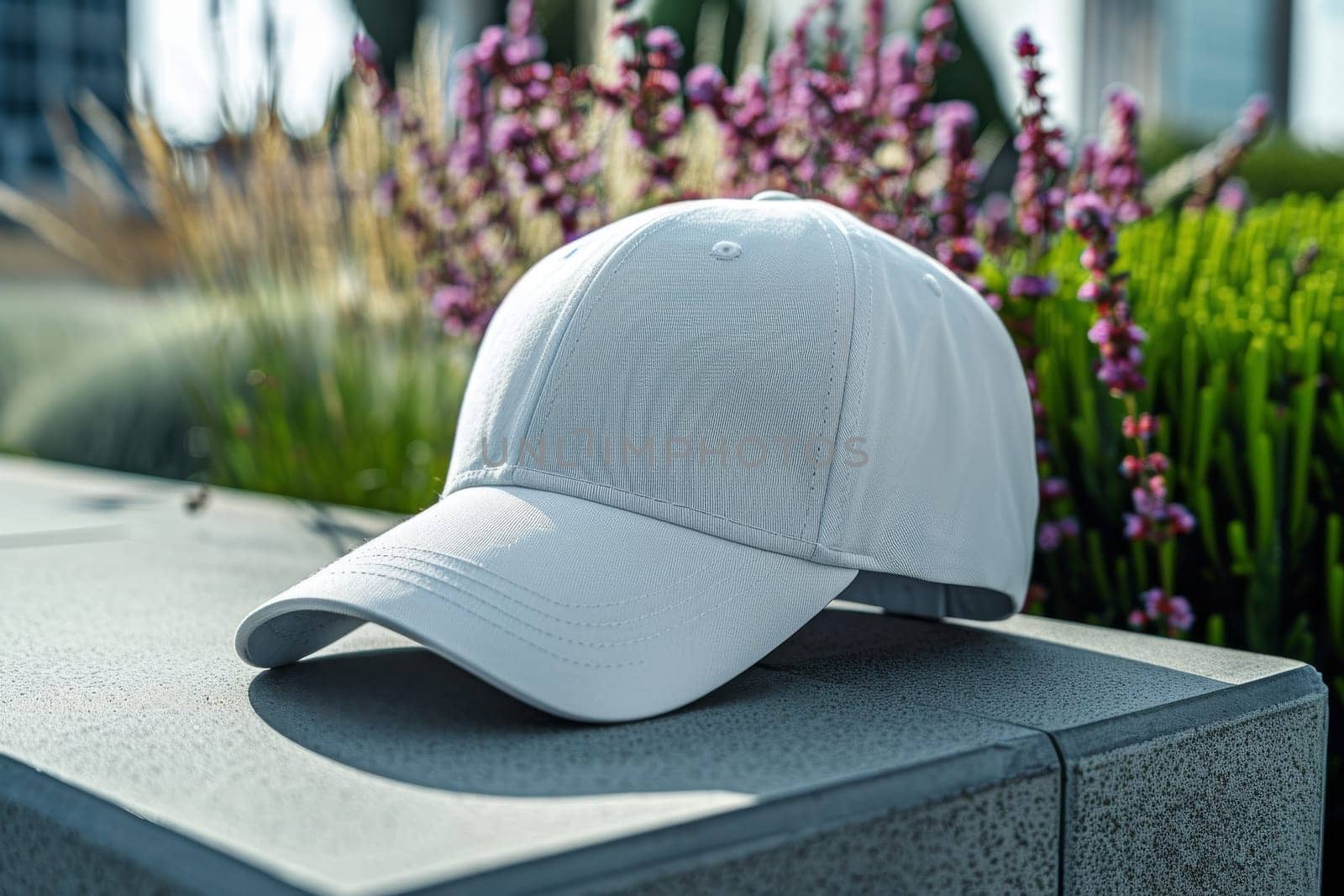 Mockup hat is sitting on a ledge next to a bush by itchaznong