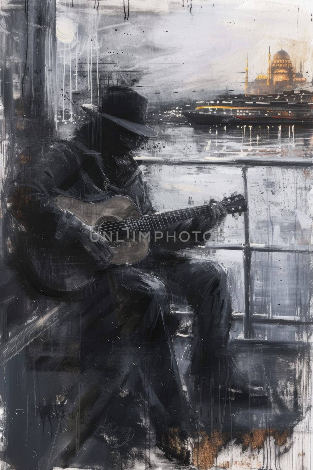 A male guitarist is playing guitar on the street. Illustration.