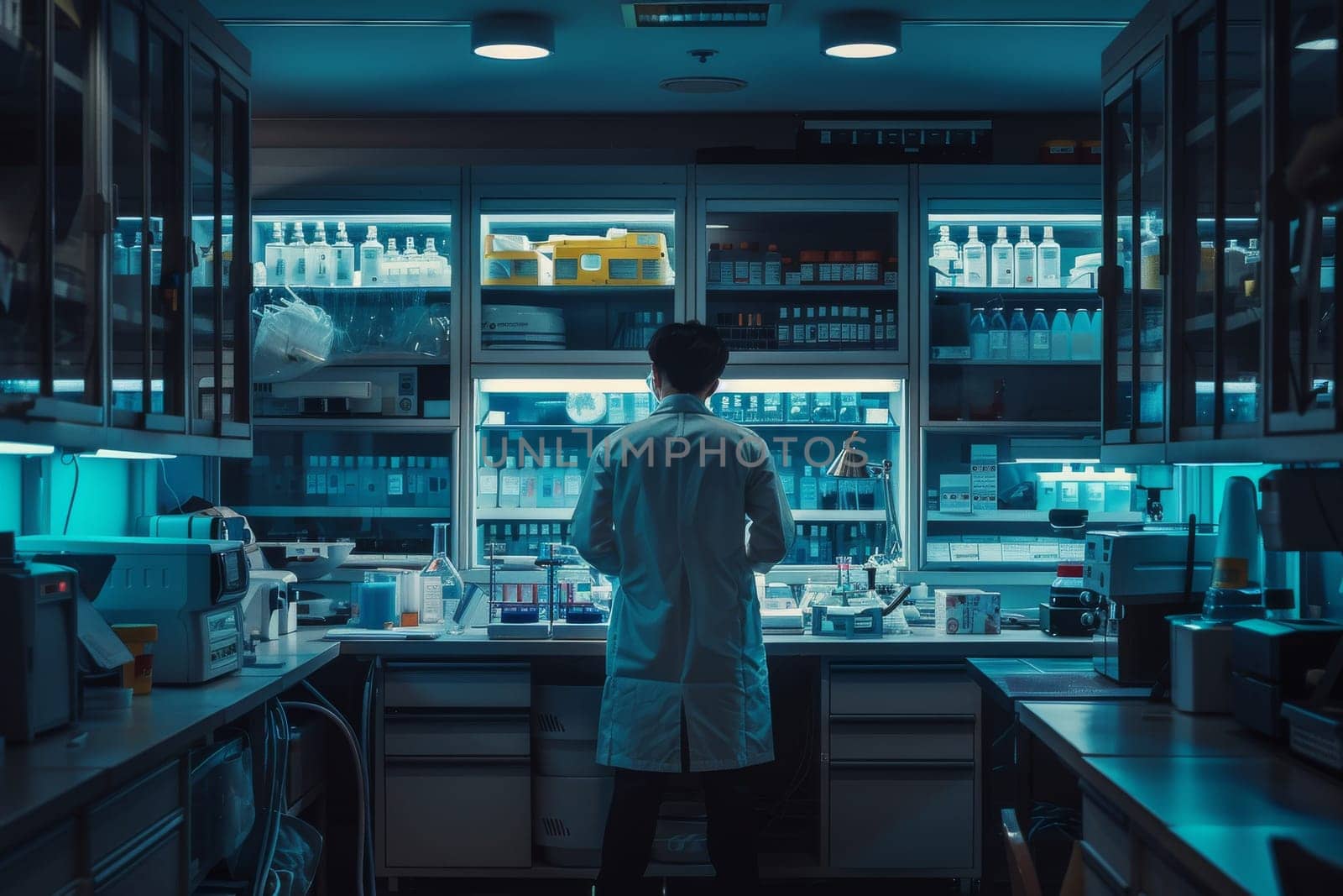 A man in a lab coat stands in front of a counter full of bottles and beakers by itchaznong