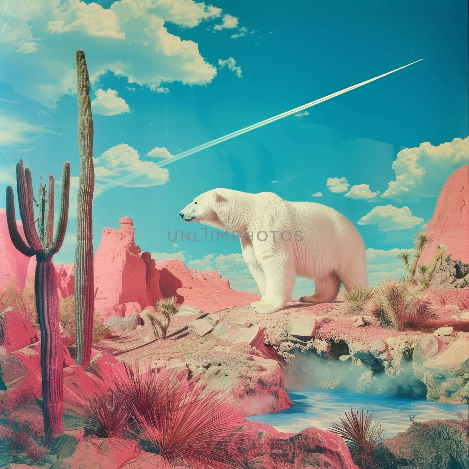 A polar bear walking through an arid desert, the concept of climate change by Lobachad