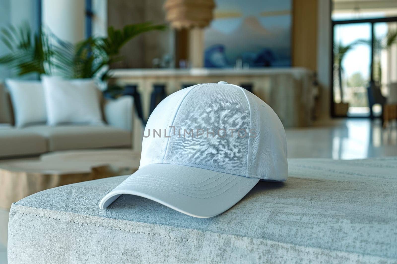 Mockup hat is sitting on a ledge next to a bush by itchaznong