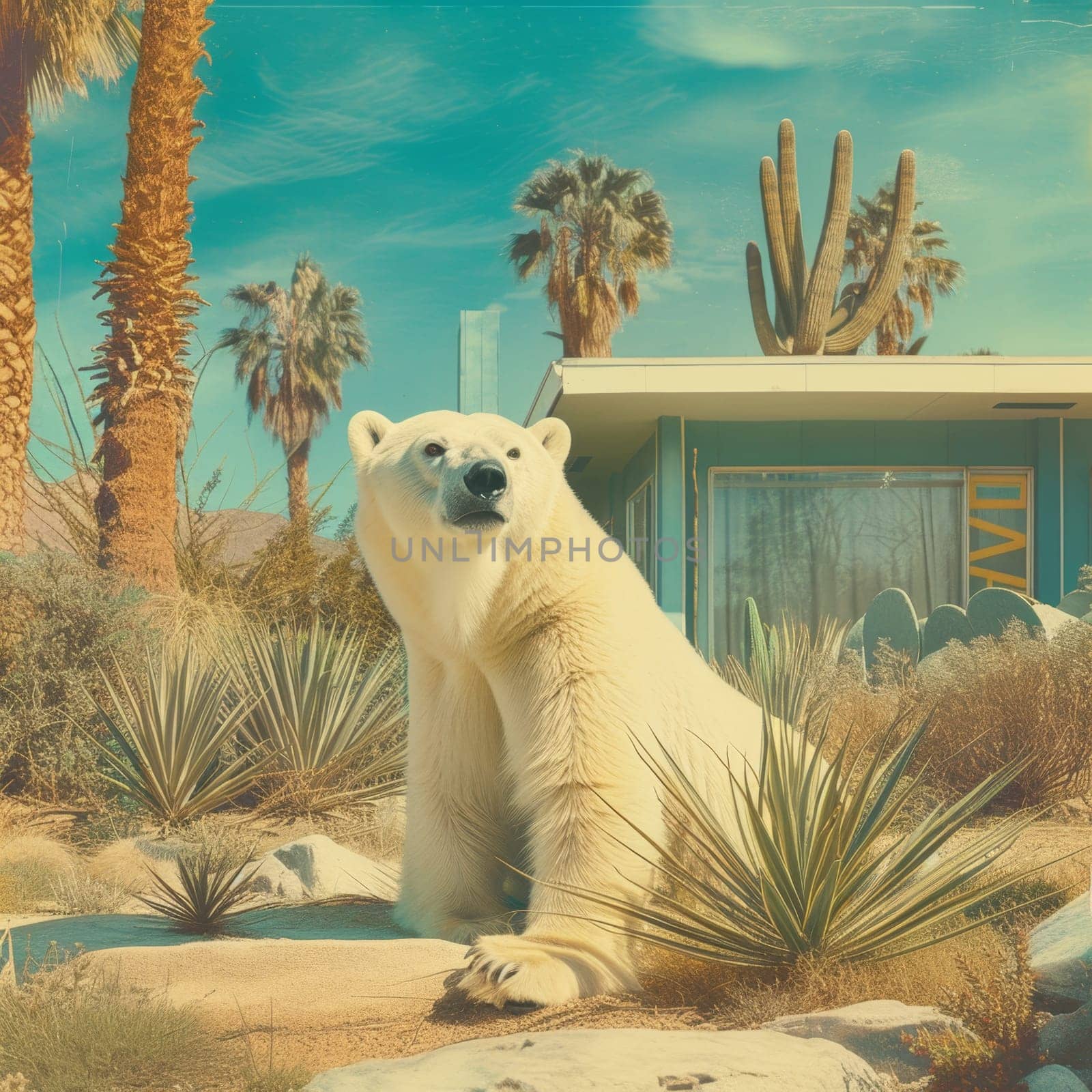 A polar bear walking through an arid desert, the concept of climate change.