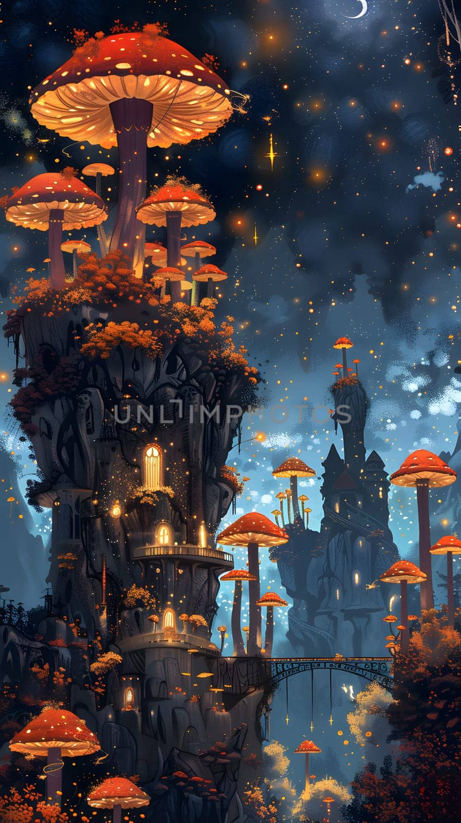 An art piece depicting a castle in a metropolis surrounded by mushrooms at dusk by Nadtochiy