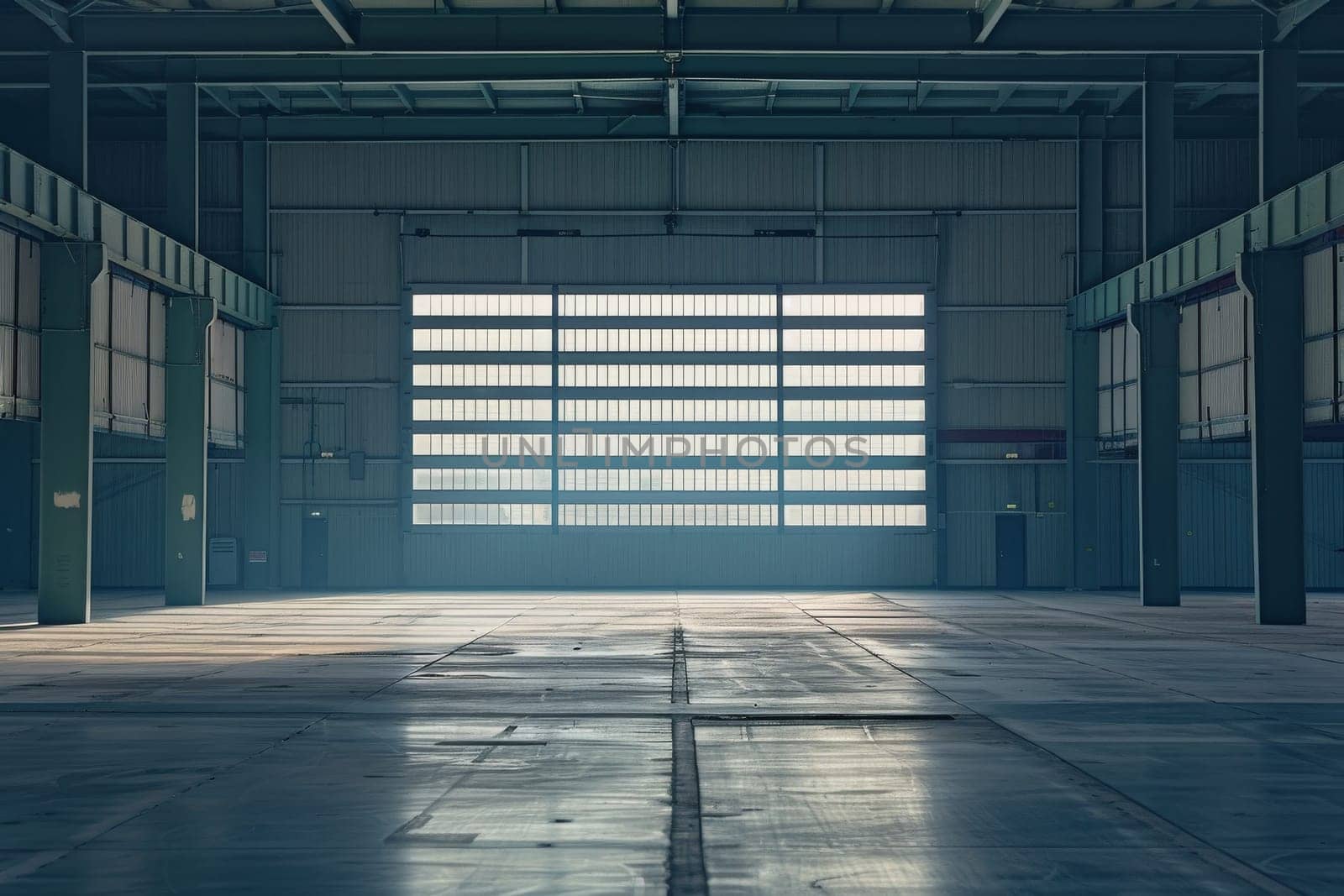 A large hangar with a clear doorway and a bright blue sky outside. The hangar is empty and the floor is shiny