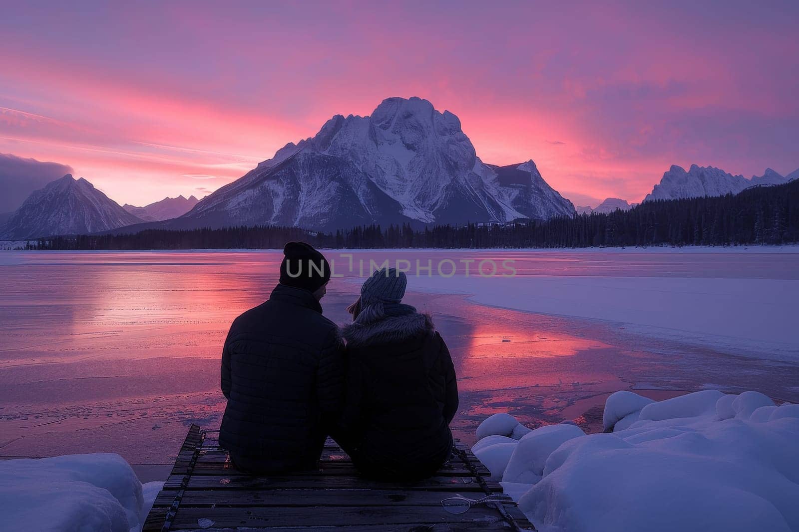 A couple is sitting on a dock overlooking a lake. The man is wearing a black jacket and the woman is wearing a blue jacket. The sky is orange and the mountains in the background are covered in snow