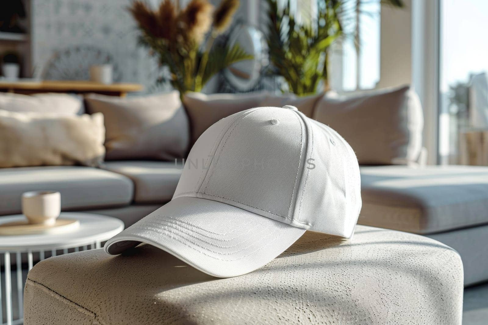 A white hat is sitting on a ledge next to a bush. The hat is placed on a concrete ledge, and the bush is full of purple flowers. The scene is peaceful and serene, with the hat