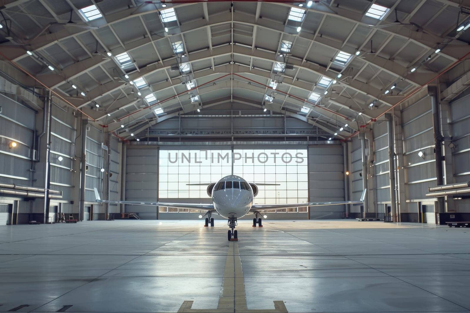 A white plane is sitting in a large hangar. The hangar is empty and the plane is the only thing visible