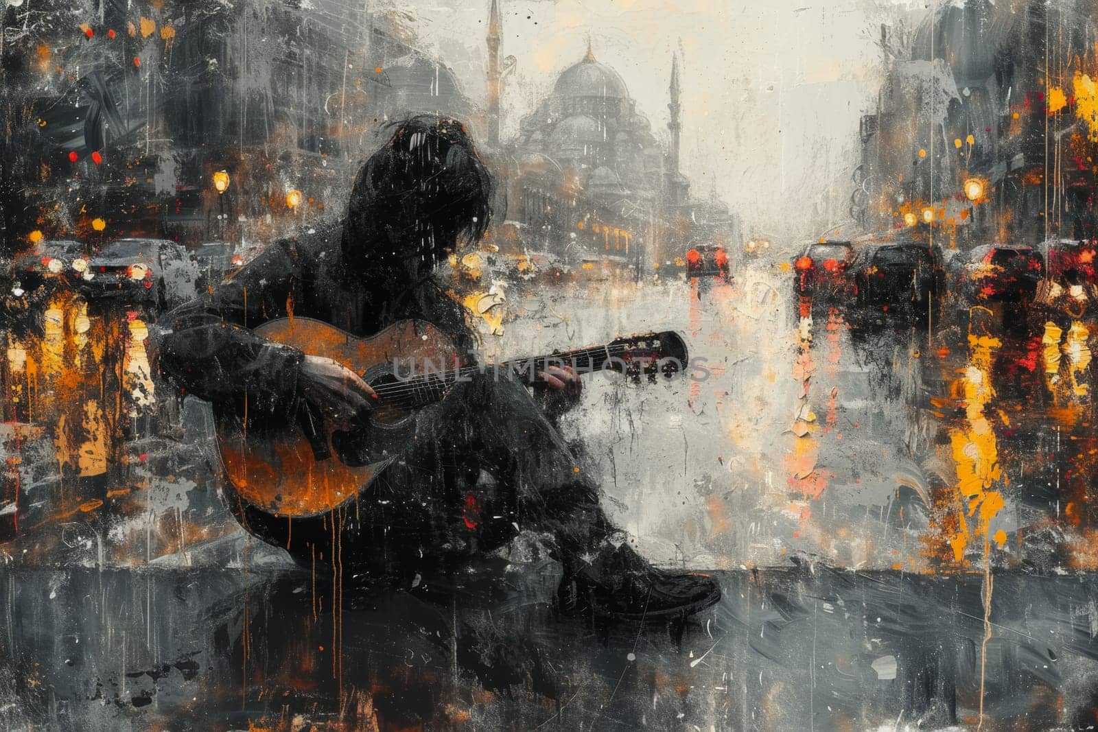 A male guitarist is playing guitar on the street. Illustration.