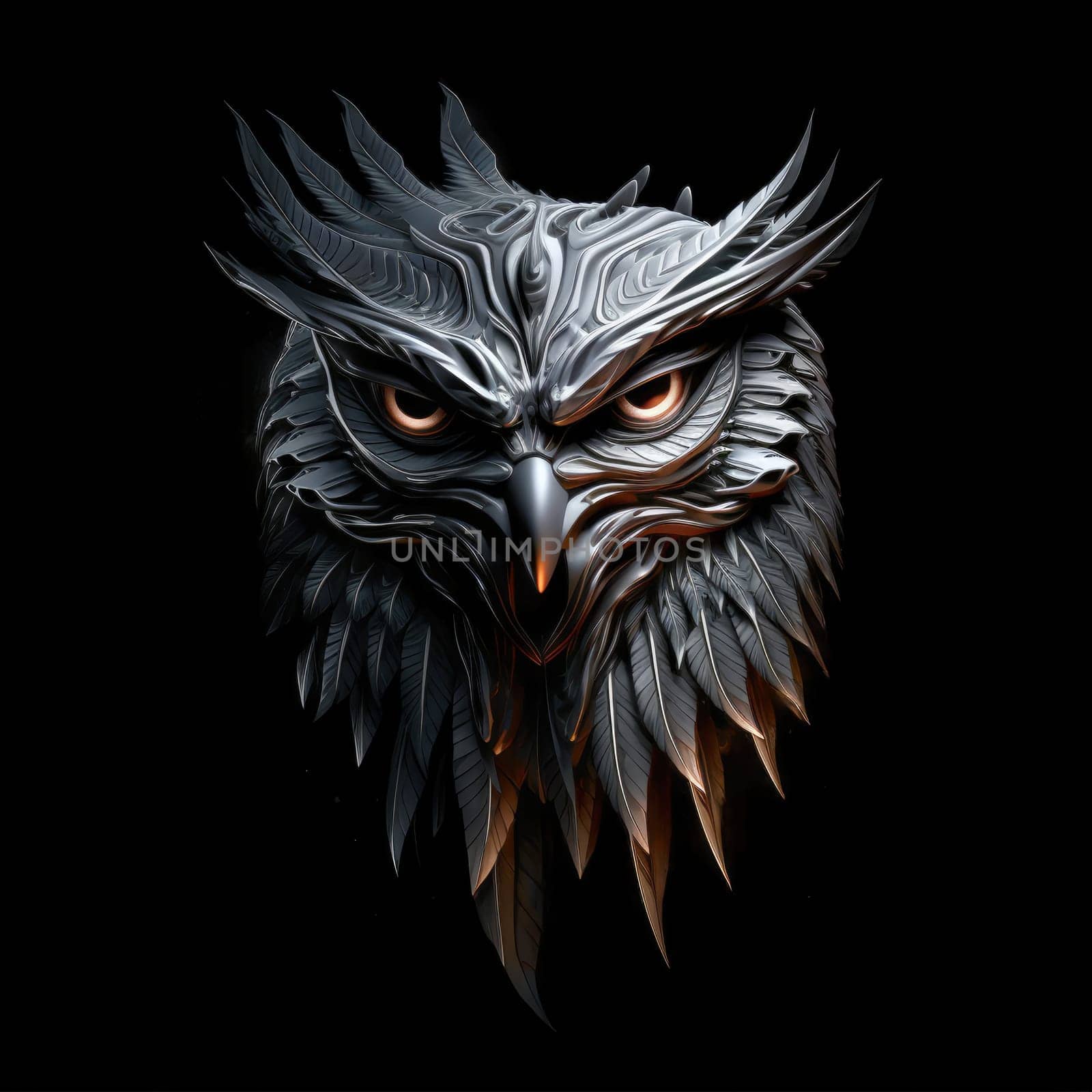 Decorative image of a wise owl glowing on a dark background. Design element and template for poster, t-shirt print, sticker, etc.