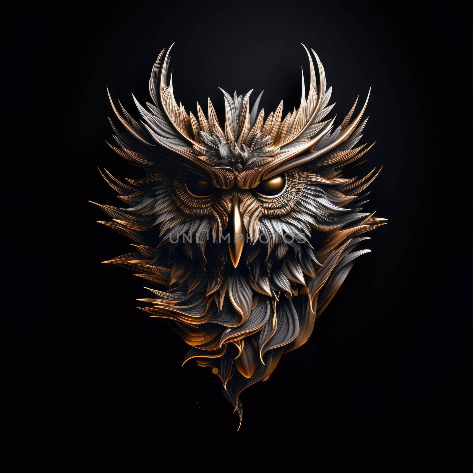 Decorative image of a wise owl glowing on a dark background. Design element and template for poster, t-shirt print, sticker, etc.