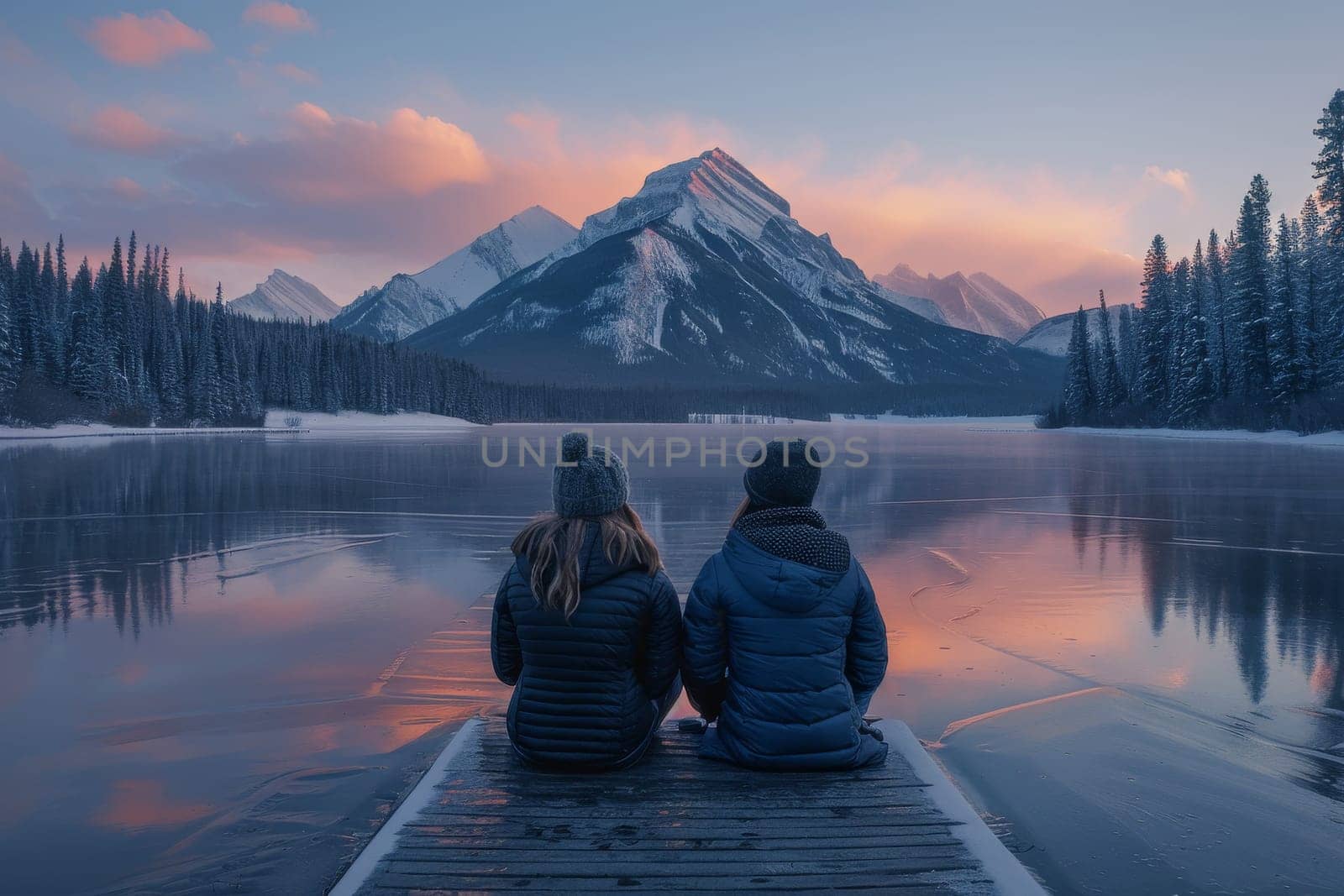 A couple is sitting on a dock overlooking a lake by itchaznong