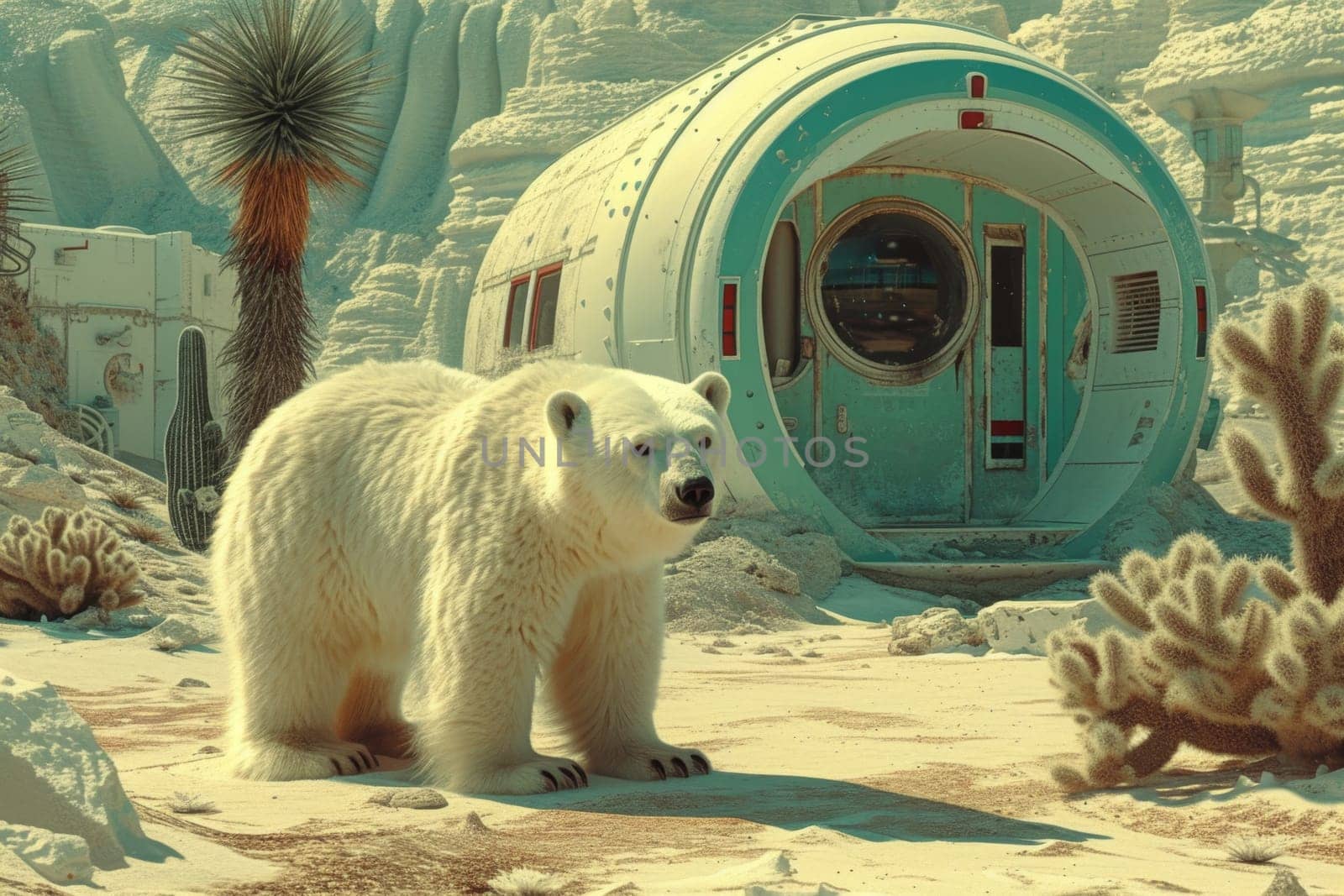 A polar bear walking through an arid desert, the concept of climate change.