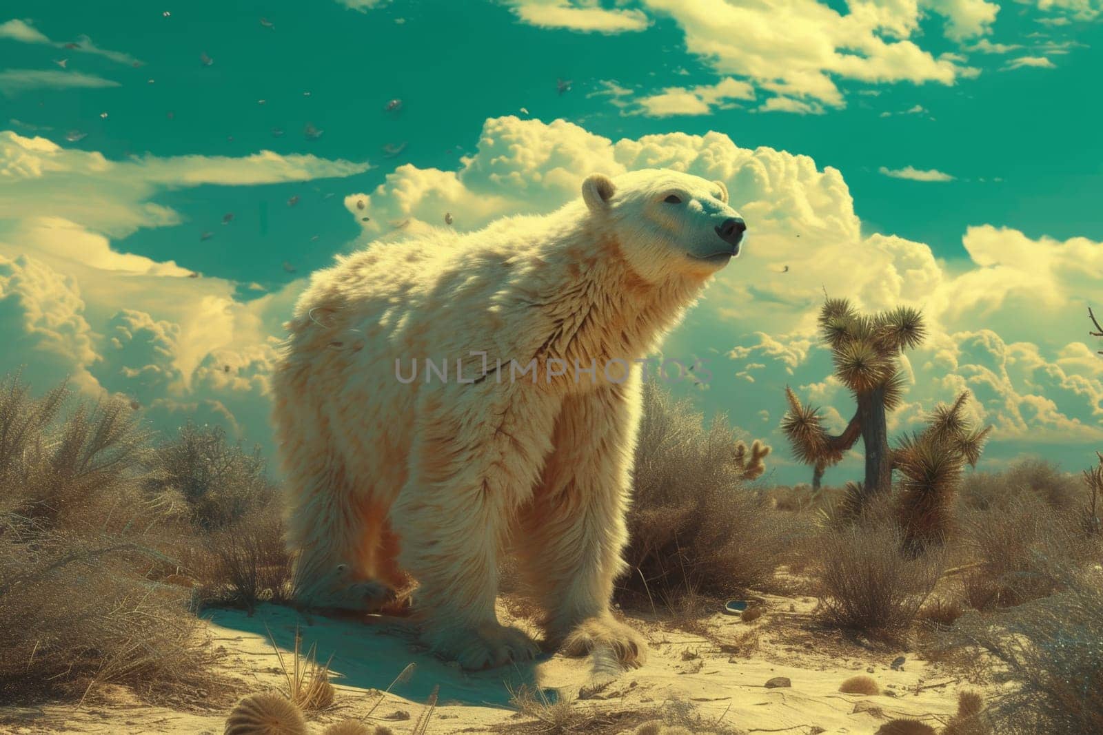 A polar bear walking through an arid desert, the concept of climate change.