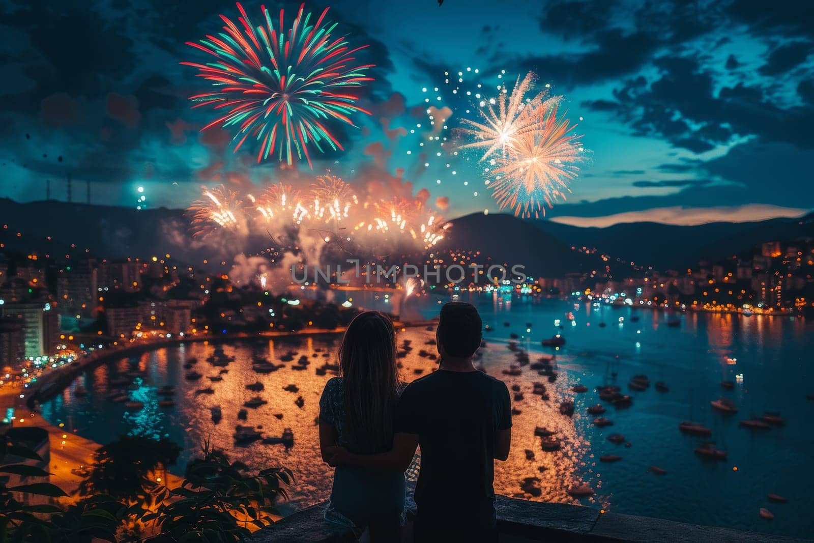 A couple is watching fireworks over a body of water. The fireworks are bright and colorful, creating a festive atmosphere. The couple is enjoying the moment together