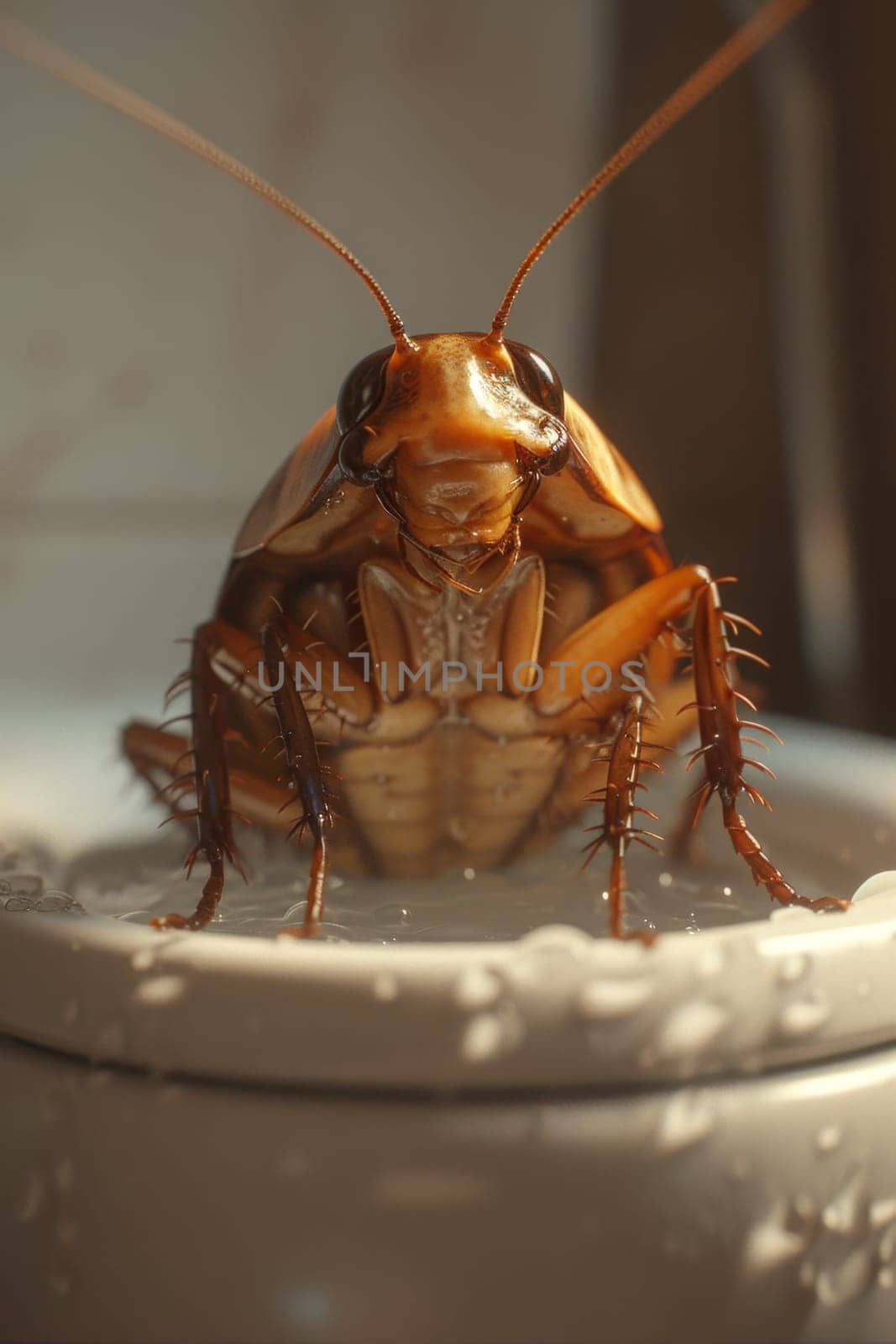 A big cockroach is sitting on the toilet in the toilet.