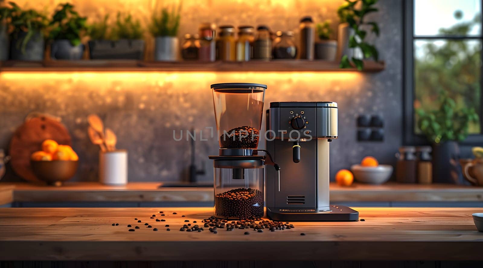 A coffee grinder is positioned on a kitchen counter next to a coffee maker, both illuminated by natural light streaming through the window