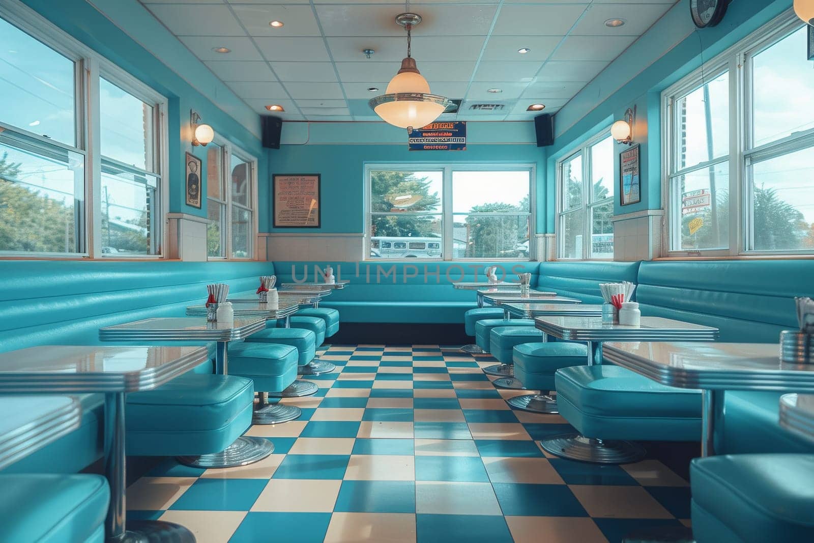 A blue and white restaurant with a blue booth and a blue table. The booth is decorated with a potted plant and a surfboard sign