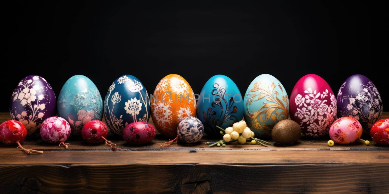 A row of vibrant painted Easter eggs arranged neatly on top of a rustic wooden table.