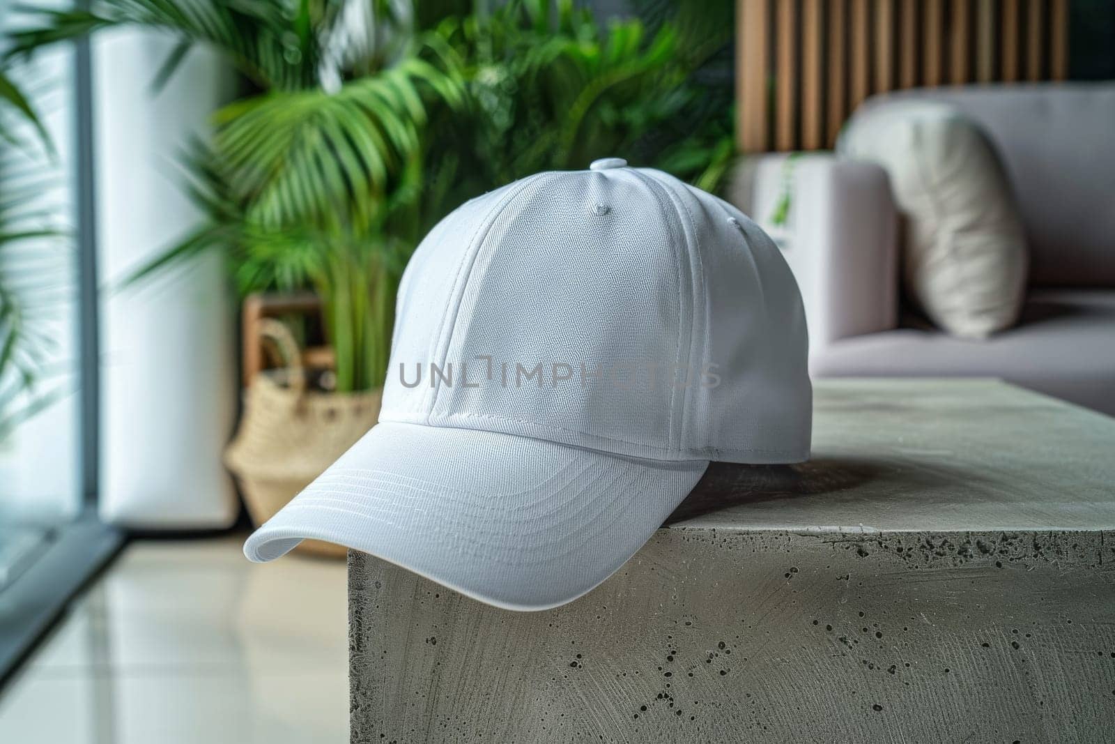 Mockup hat is sitting on a ledge next to a bush by itchaznong