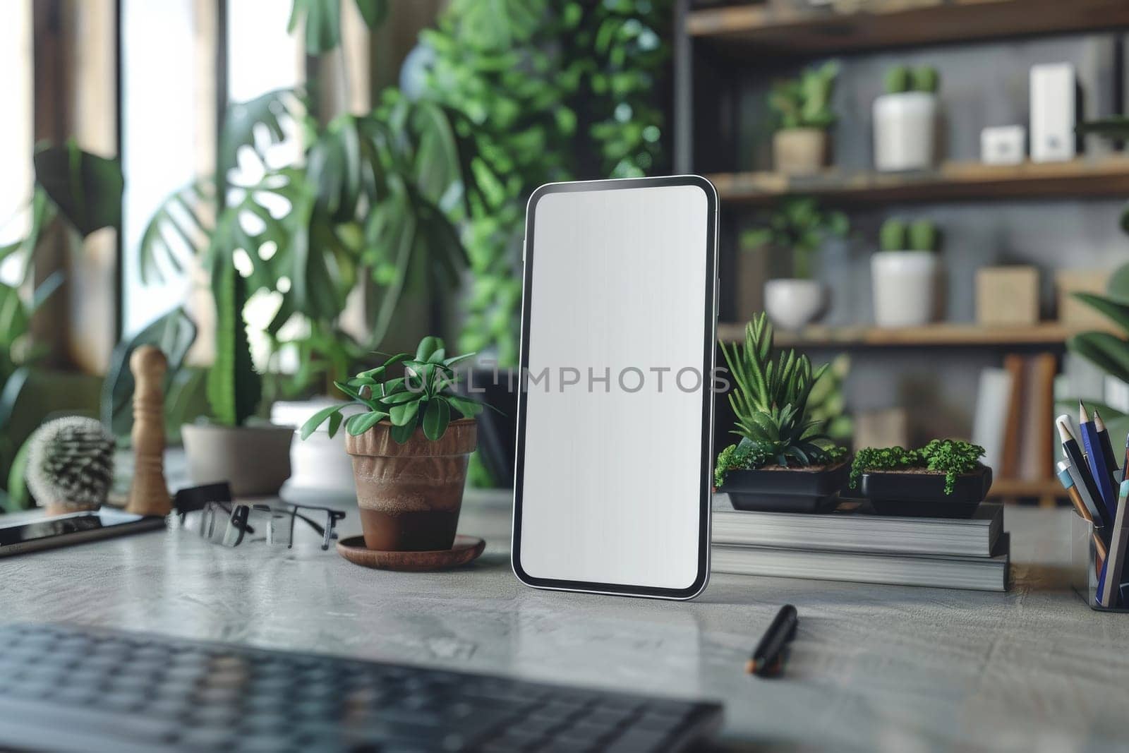 Mockup Cell Phone is sitting on a desk next to a potted plant and a clock. The scene is simple and minimalistic, with the focus on the phone. The potted plant adds a touch of greenery to the space