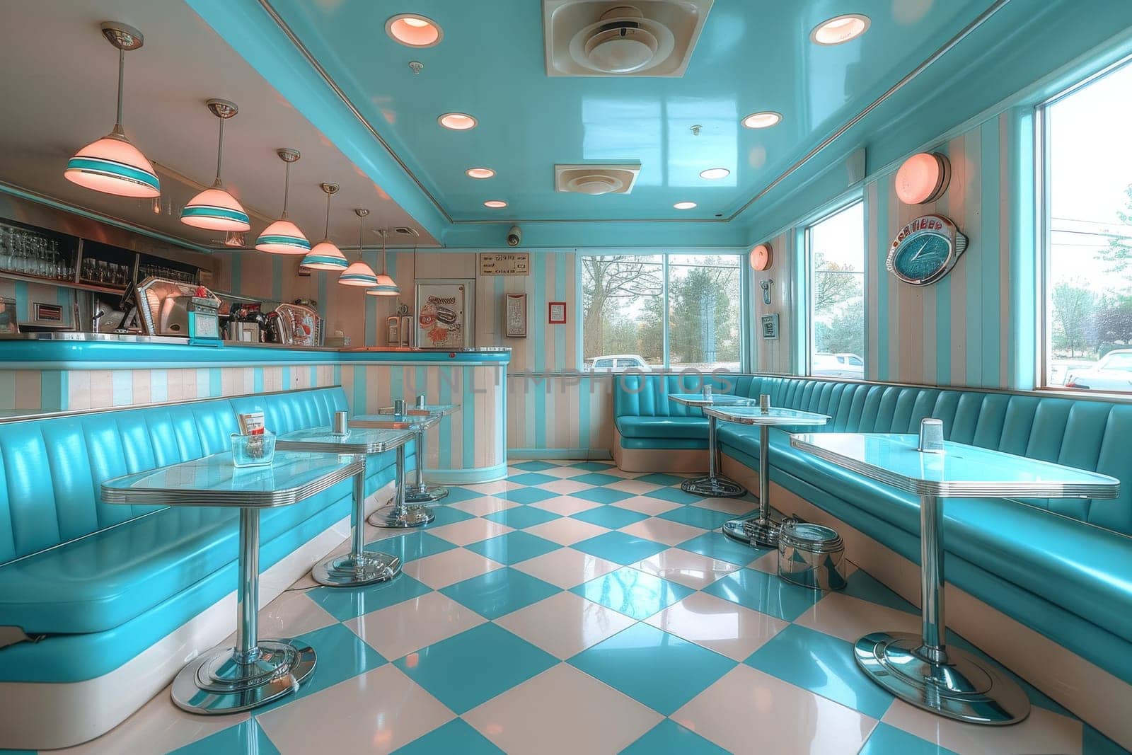 A blue and white restaurant with a blue booth and a blue table. The booth is decorated with a potted plant and a surfboard sign