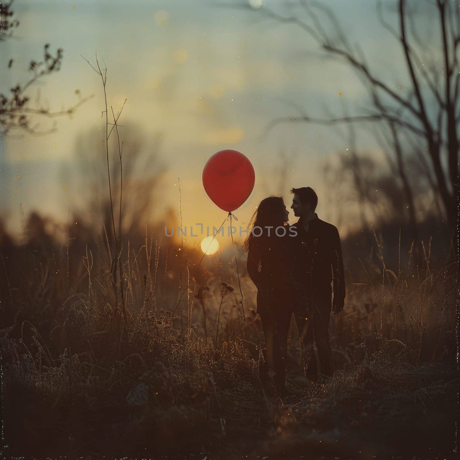 A man and woman standing in a field holding a red balloon together.